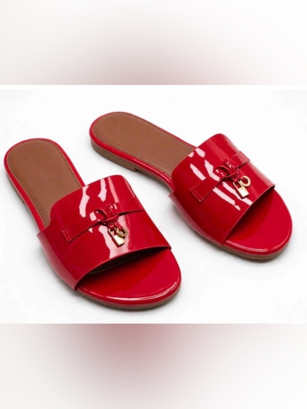 Red Patent Slide Sandals with Gold Accent